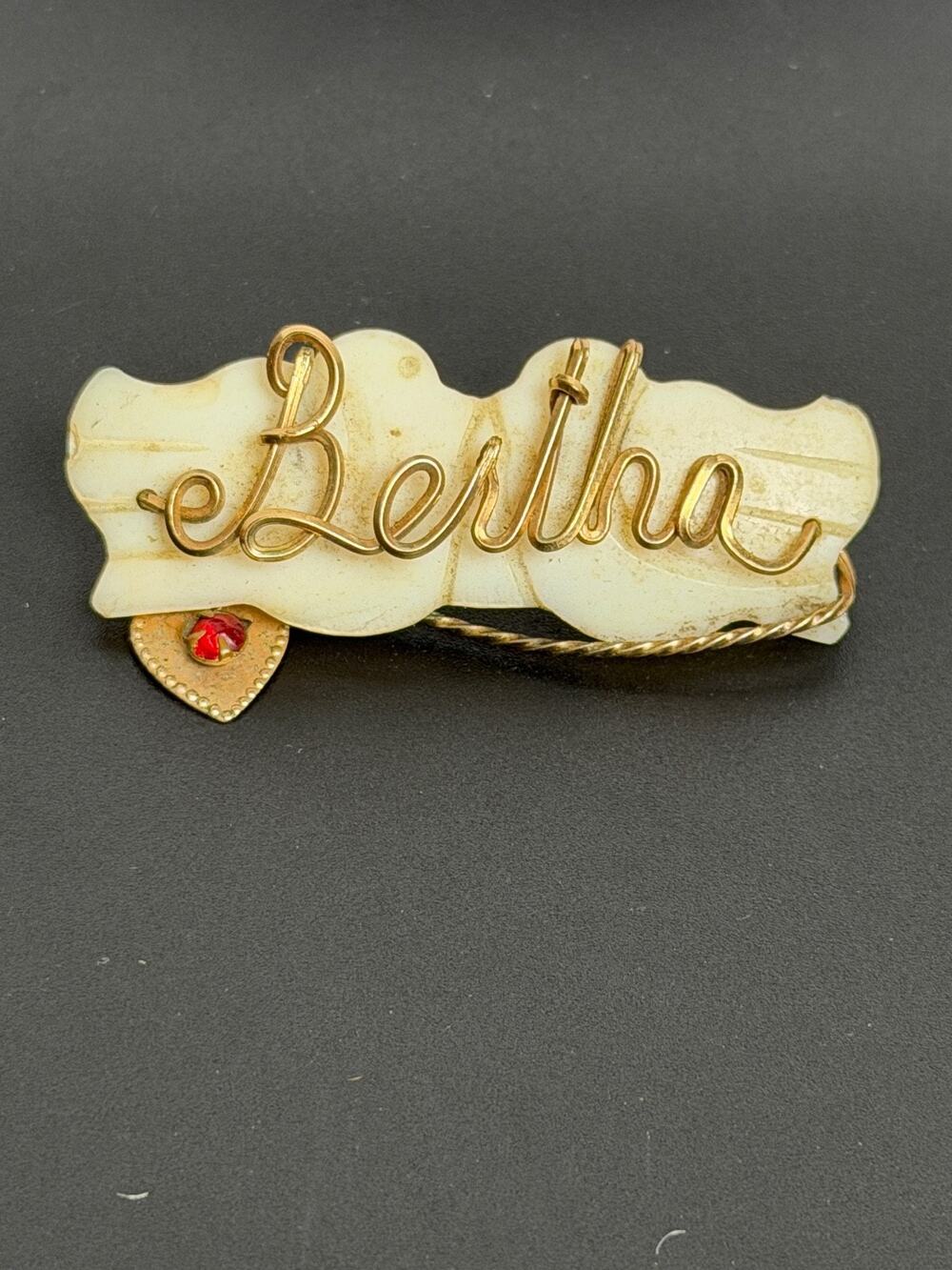 Vintage Bertha Name Brooch Mother of Pearl Shell Sweetheart Jewelry Handmade 40s